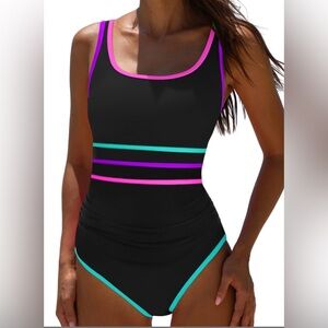 Popvil One Piece Swimsuit Tummy Control Black Neon Stripes Medium M NWT